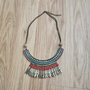 Boho Tribal Bib Fringe Statement Necklace Turquoise Beads Rhinestones Gold Tone